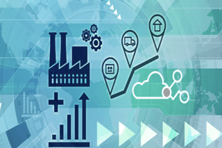 Colllage de fábrica, guía, red en la nube e ícono de aumento de ganancias.