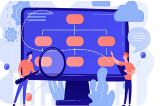 Imagen prediseñada de dos hombres analizando un diagrama de flujo en una computadora con un hombre sosteniendo una lupa y el otro un cuaderno.