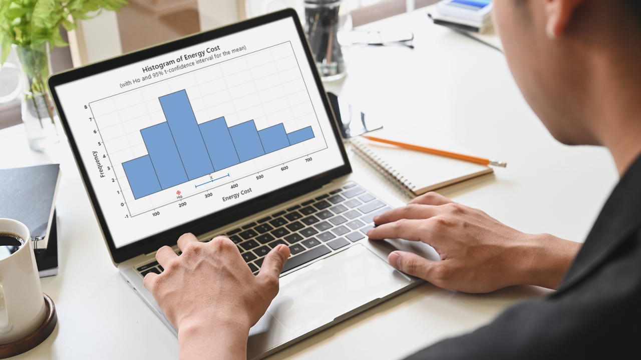 Business man looking at histogram of energy cost to analyze company data and make data-informed decisions.