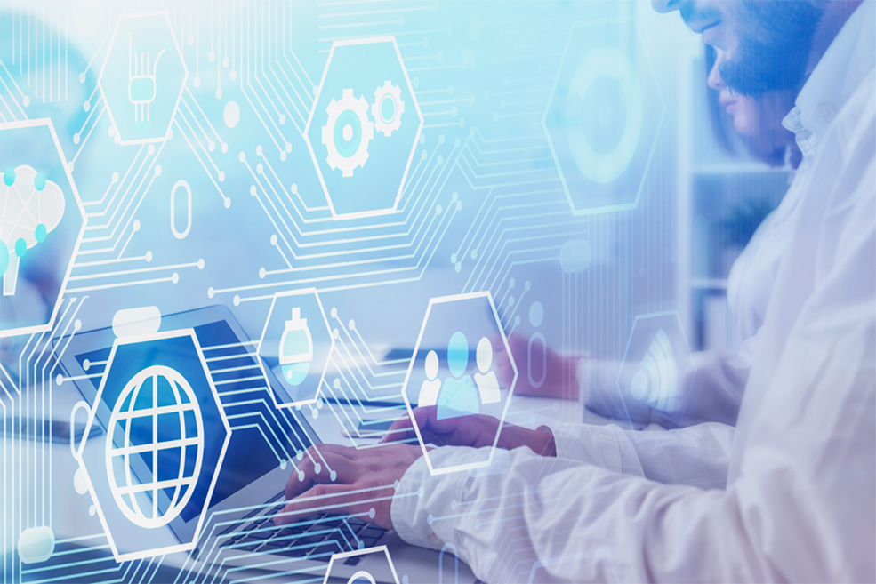 Doctor analyzing healthcare data on a laptop overlayed with digital network of various icons.