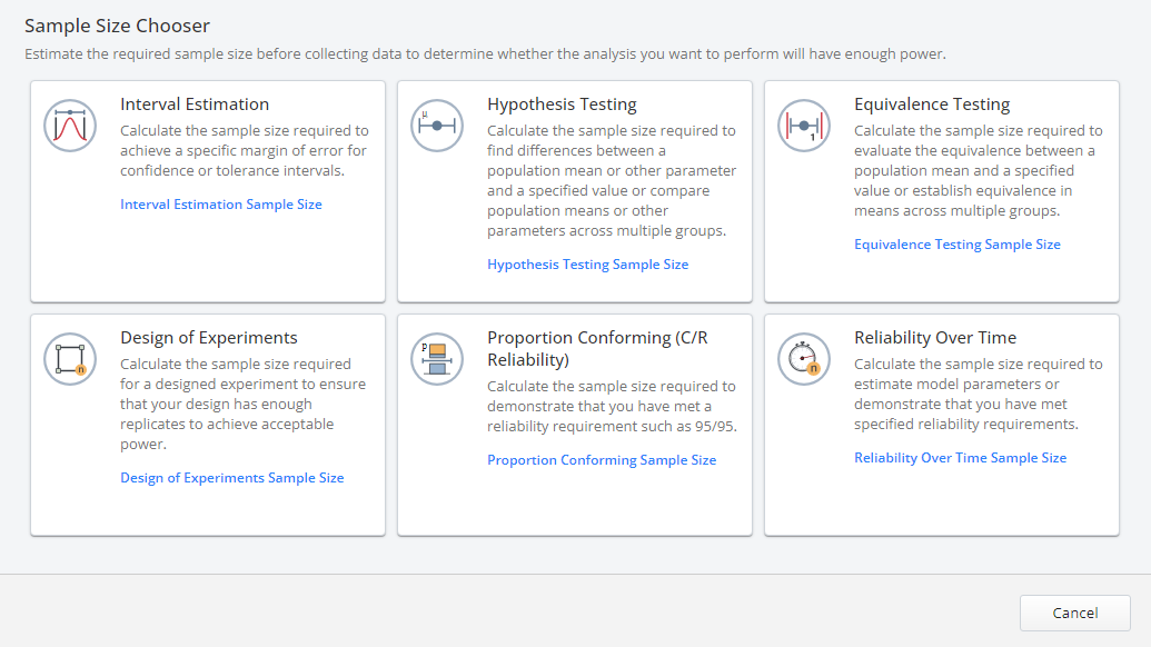 データ収集前に必要なサンプルサイズを推測するためのさまざまなテストを含むMinitabのサンプルサイズ選択ダッシュボード。